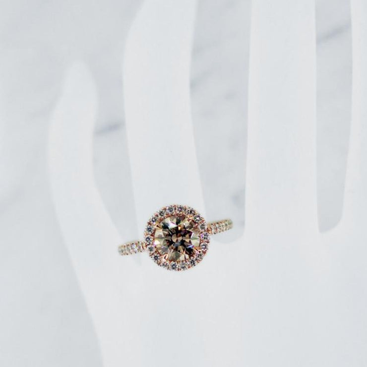 Champagne diamond halo engagement ring by Dana Walden Bridal.