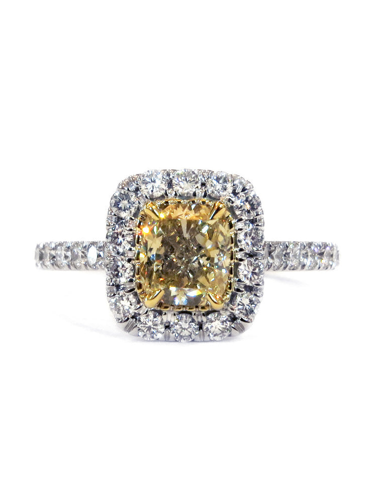 Yellow diamond halo engagement ring with cushion cut diamond and conflict free accents in two tone setting - Caterina