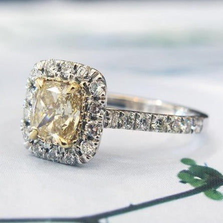 SIDE VIEW- Caterina light yellow diamond engagement ring with white diamond halo and micro pave band. By Dana Walden Bridal New York City.
