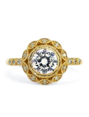 Unique diamond halo engagement ring in yellow gold & deco accents handmade in nyc - Valencia
