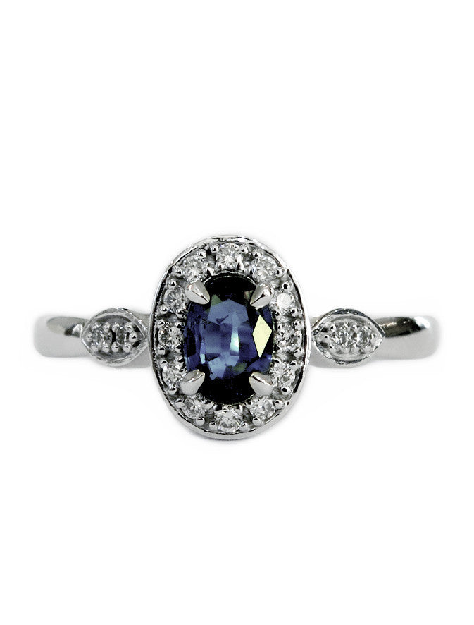 Affordable sapphire & diamond halo engagement ring in white gold - Milena