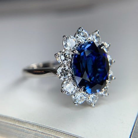 London Oval Blue Lab-Grown Sapphire Halo Engagement Ring