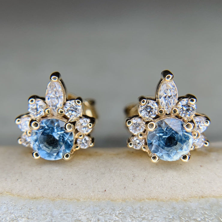 Handmade aquamarine and diamond stud earrings.