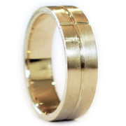 Handmade architectural men's wedding band in yellow gold. DANA WALDEN BRIDAL.