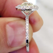 SIDE VIEW: Old mine yellow diamond  with white diamond halo. DANA WALDEN BRIDAL NYC.