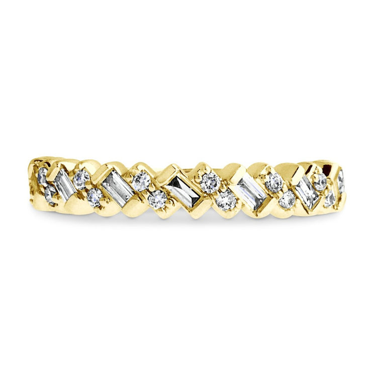 Baguette and round diamond wedding band set in yellow gold. DANA WALDEN BRIDAL.