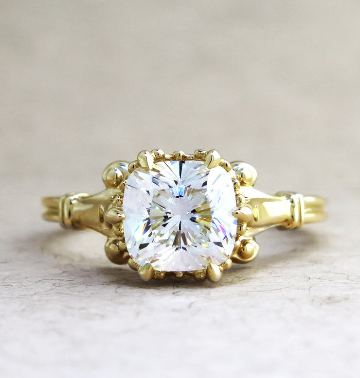 Unique cushion cut diamond engagement ring with antique details custom made in nyc - Lulu