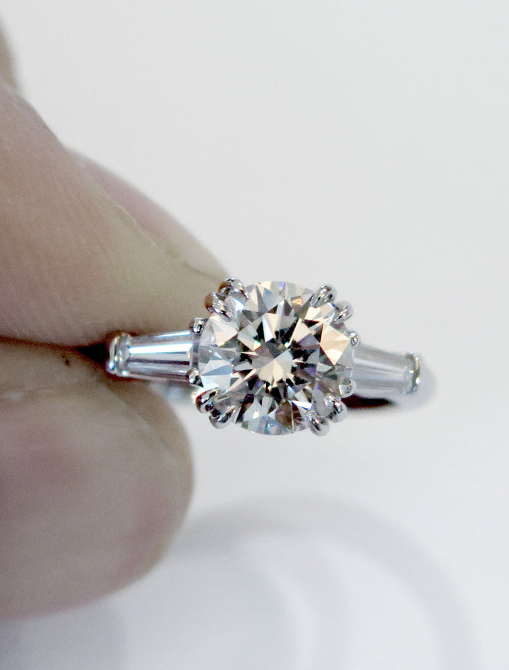 Platinum three stone engagement ring with tapered baguettes in platinum custom design - Leandra