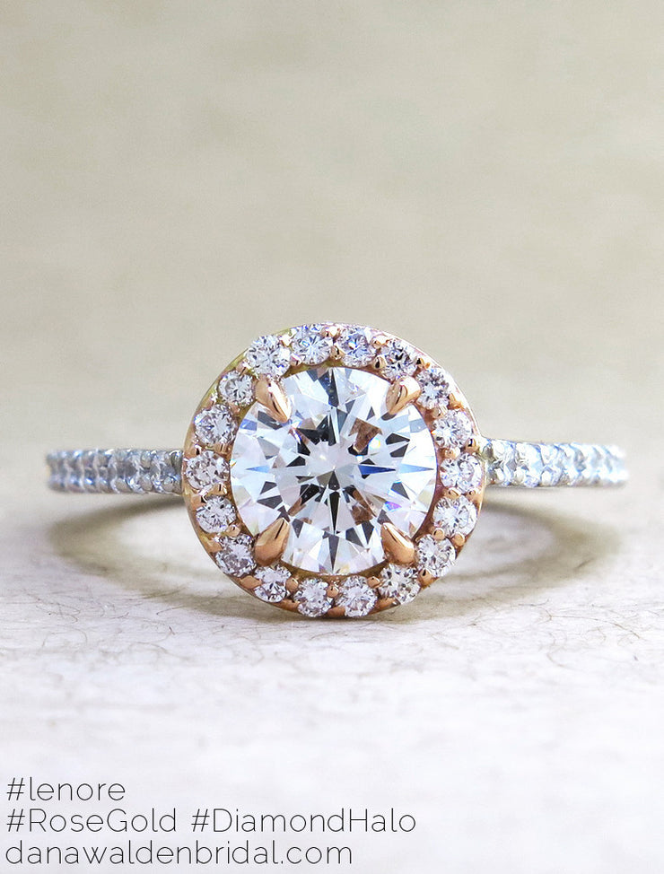 Lenore Custom Rose Gold + Platinum Diamond Halo Engagement Ring - designed by Dana Chin and Radika Chin for Dana Walden Bridal NYC