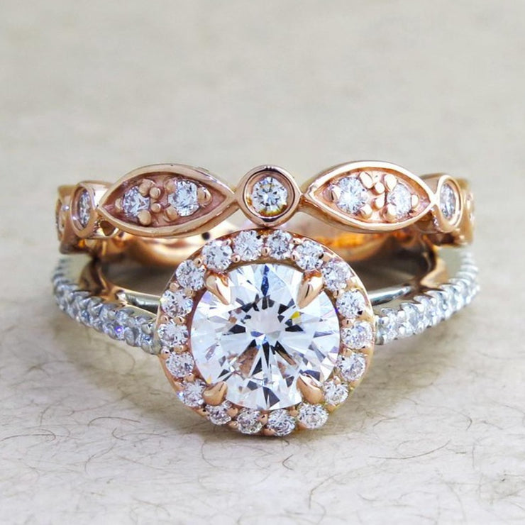 Dana Walden diamond halo engagement ring with INDIA wedding band. DANA WALDEN BRIDAL NYC.
