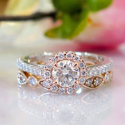 Lenore rose gold and platinum diamond halo with India deco wedding band