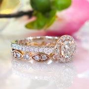 Lenore rose gold and platinum halo with India deco wedding band bridal set