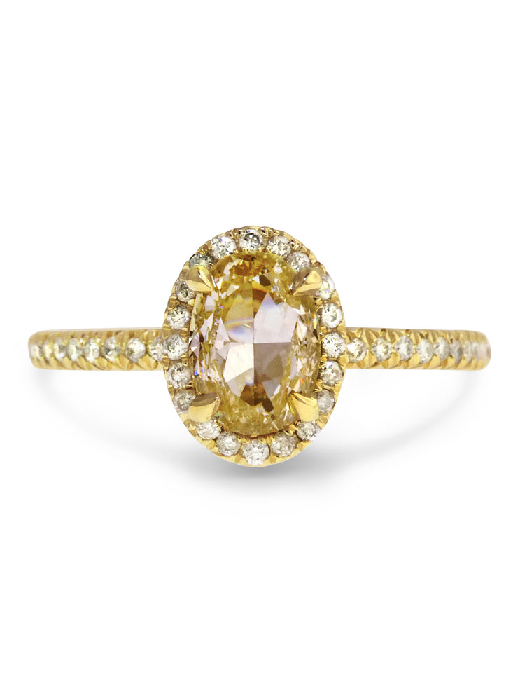 Linza yellow diamond halo engagement ring in 18k yellow gold with conflict free diamonds thin delicate low profile