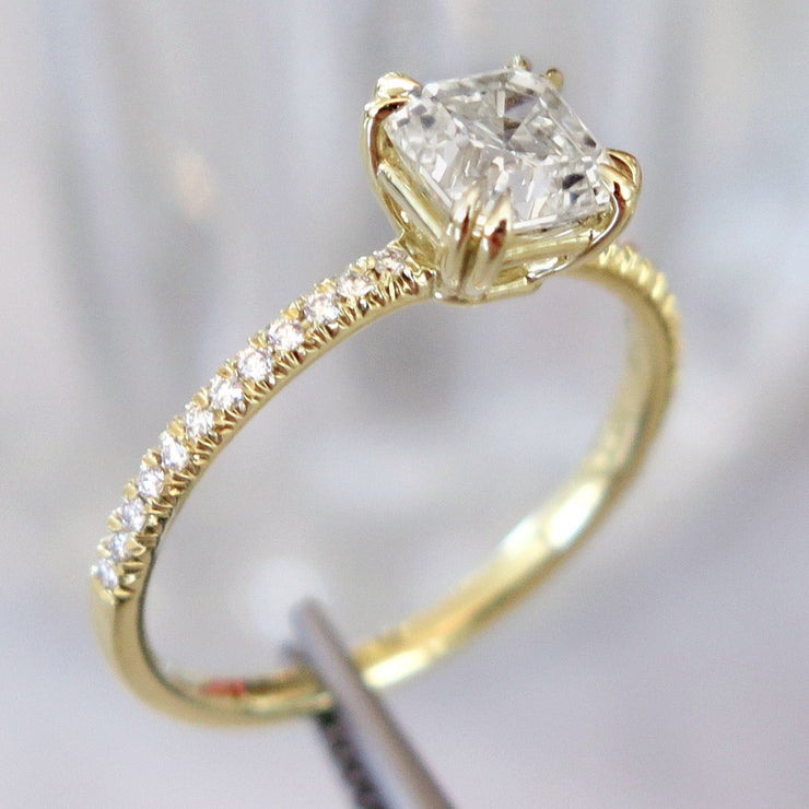 Side view of the Asscher engagement ring by Dana Walden Bridal.