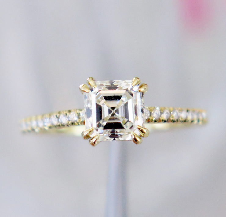 Front of the Lorayna Asscher cut engagement ring by Dana Walden.