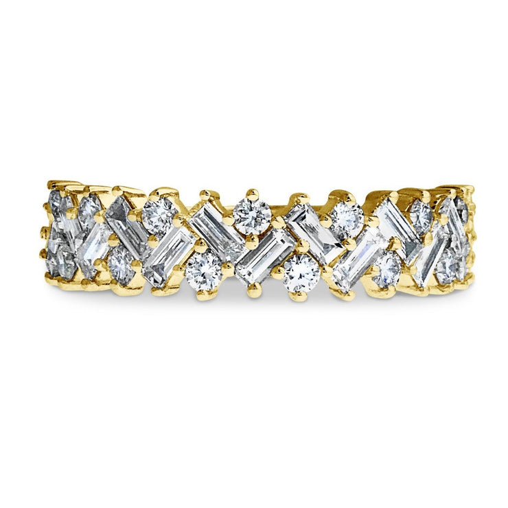 DANA WALDEN baguette and round diamond engagement anniversary wedding band, set in yellow gold.