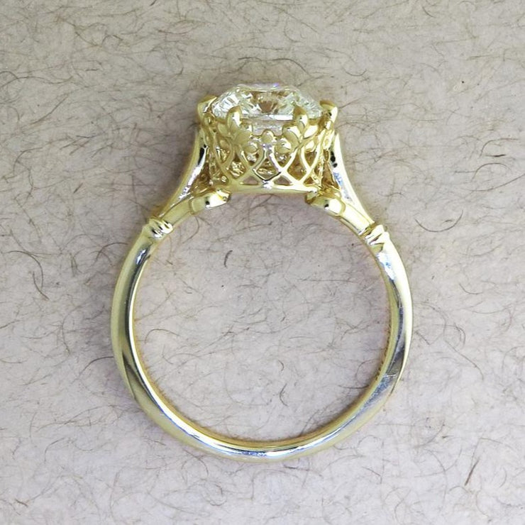Edwardian style engagement ring in yellow gold by DANA WALDEN BRIDAL.