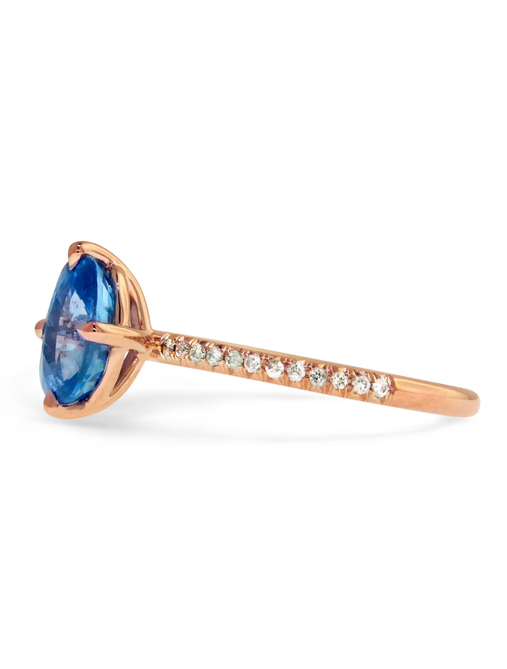 Maeve unique blue sapphire engagement ring side profile in rose gold with micro-pave diamonds 