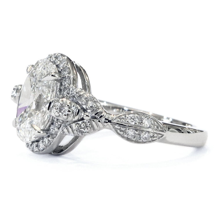 Nature inspired halo in platinum with diamonds  - side profile - Maiya