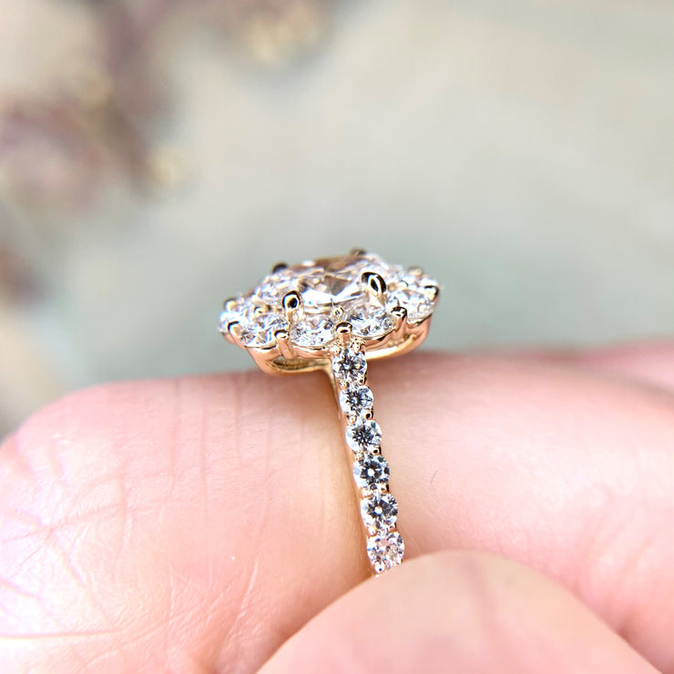 Side view of a handmade unique engagement ring, made of ethical lab-grown diamonds by Dana Walden Bridal in New York City.