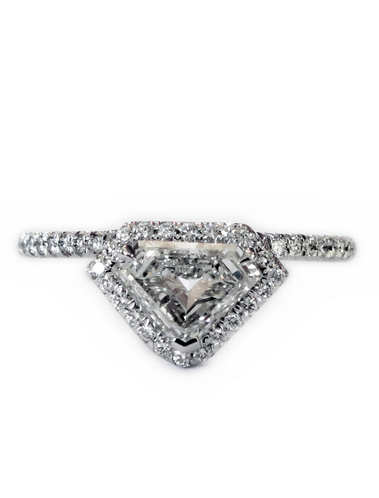 Unique kite shaped diamond halo engagement ring in white gold by Dana Walden Bridal NYC