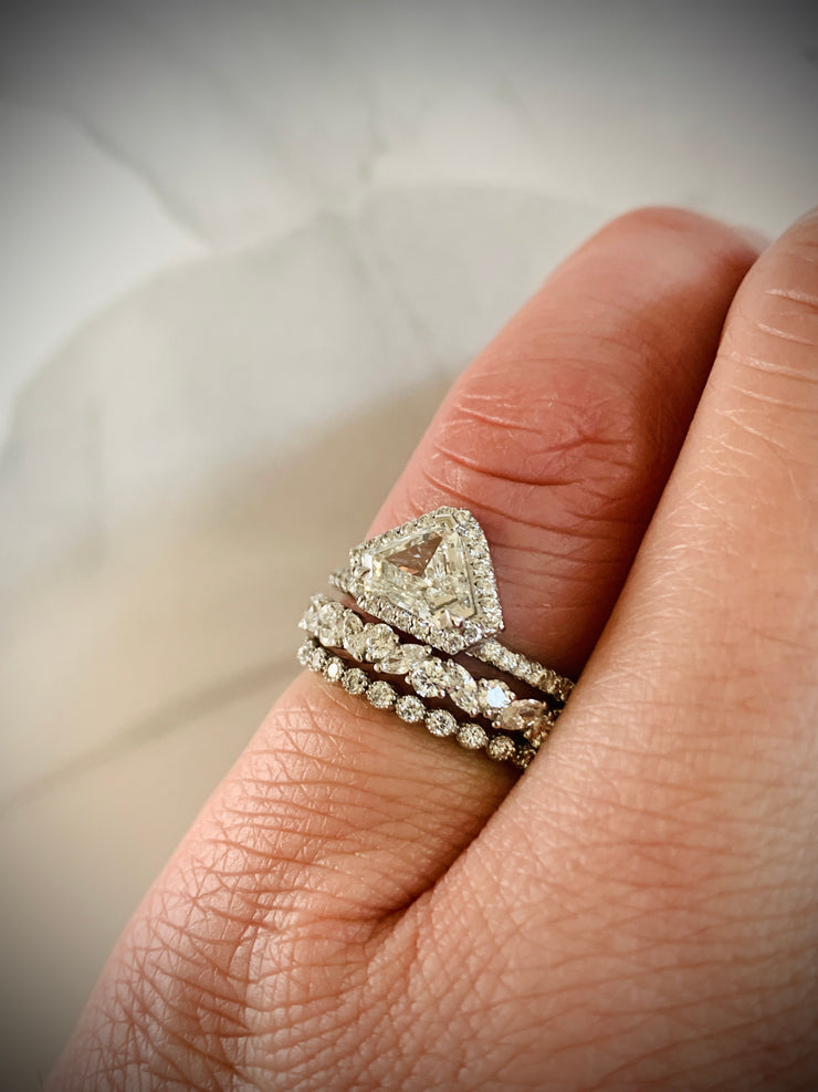Kite Shape Geometric Diamond Engagement Ring Stacking Set with Diamond Wreath and Arden Wedding Rings - Shown on Hand