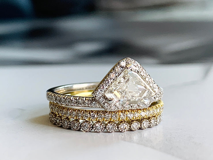 Kite Shape Geometric Diamond Engagement Ring Stacking Set with 18k Yellow Gold Samara Diamond Band and Arden Wedding Ring - Mixed Metal Set - Side View