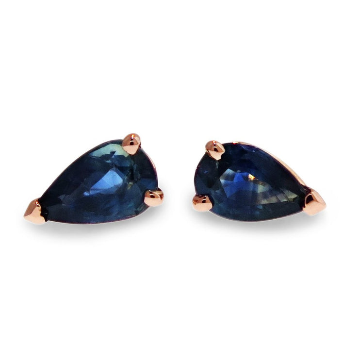 blue sapphire stud earrings in pear shape rose gold