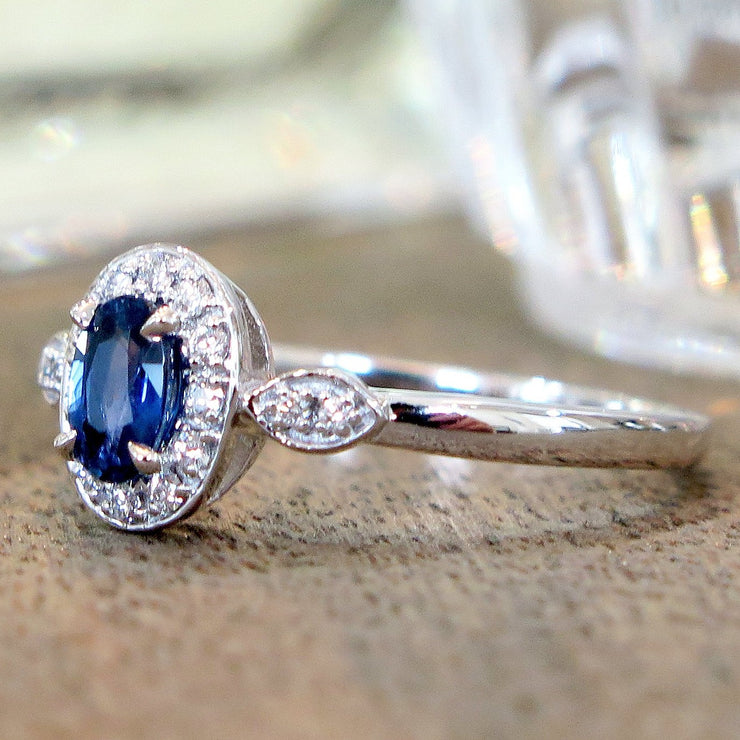 Milena Affordable Blue Sapphire Engagement Ring with Diamond Halo in 14k White Gold 