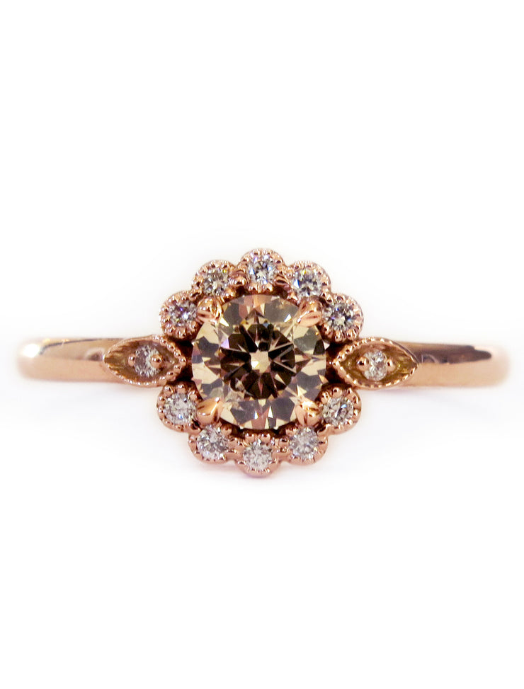 Floral inspired champagne diamond engagement ring by DANA WALDEN BRIDAL- ROSE GOLD