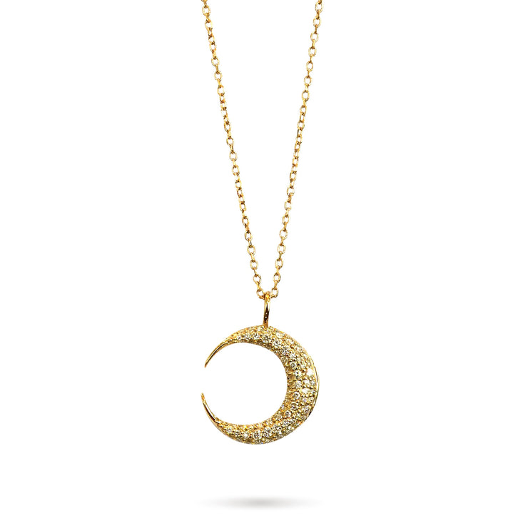 Crescent moon pendant with pave diamonds, set in 14k yellow gold. Yellow gold chain is adjustable and all pieces are handmade by Dana Walden NYC.