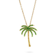 Havana Palm Tree Necklace Paved with Sapphire & Tsavorite Garnets in Yellow Gold