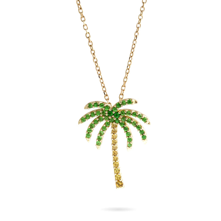 Havana Palm Tree Necklace Paved with Sapphire & Tsavorite Garnets in Yellow Gold
