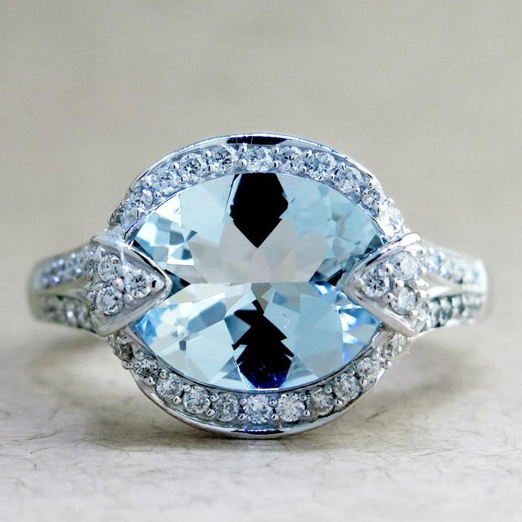 Unique 3 carat aquamarine engagement ring with diamonds by Dana Walden Bridal NYC.