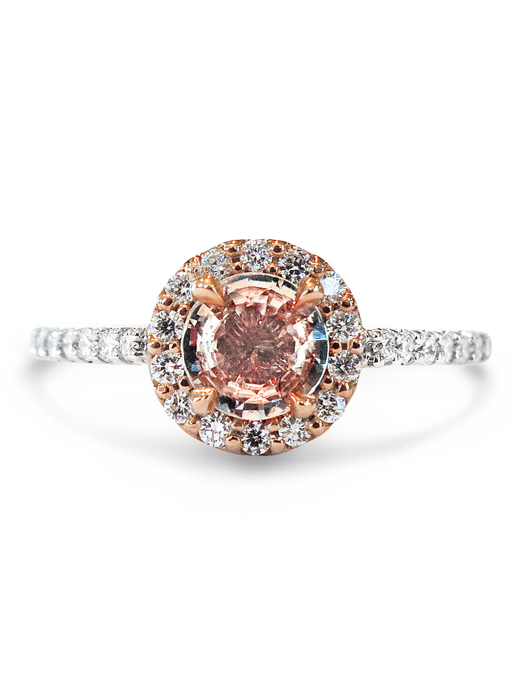 Delicate Rose Gold Peach Sapphire Ring, Pink Sapphire Diamond Ring, Rose Gold Engagement Ring