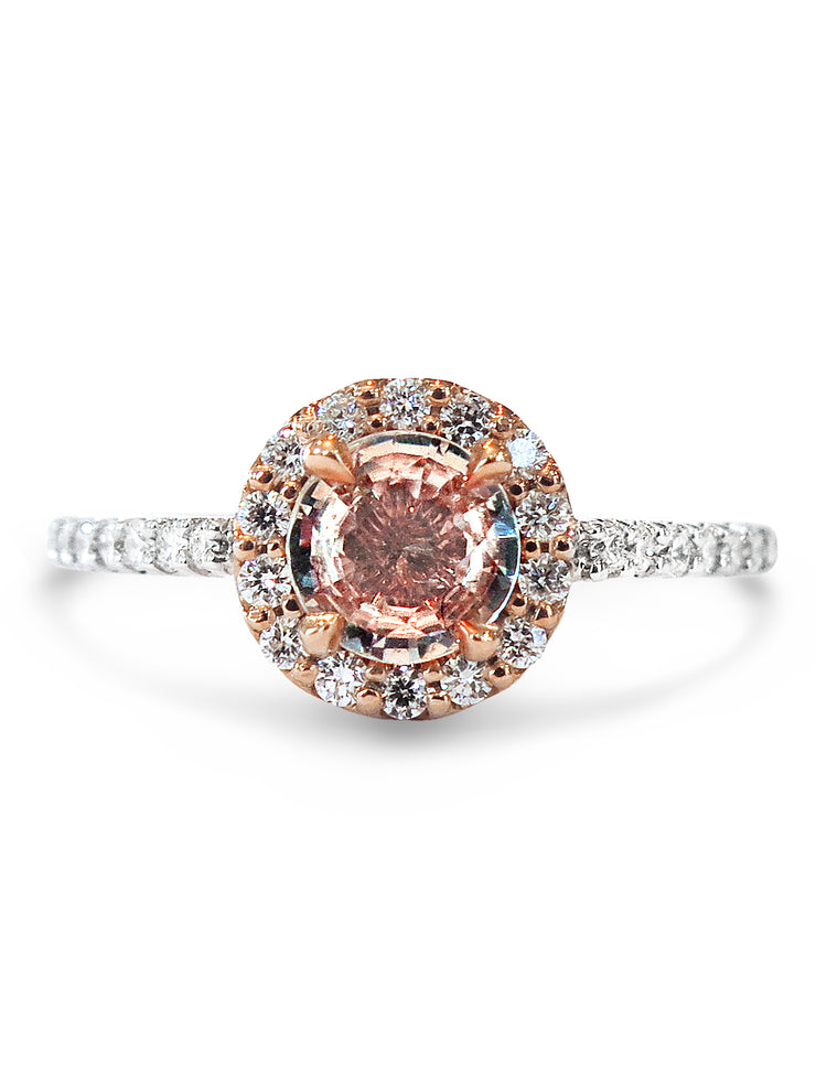 Poet 0.84ct Peach Sapphire & Diamond Halo Engagement Ring