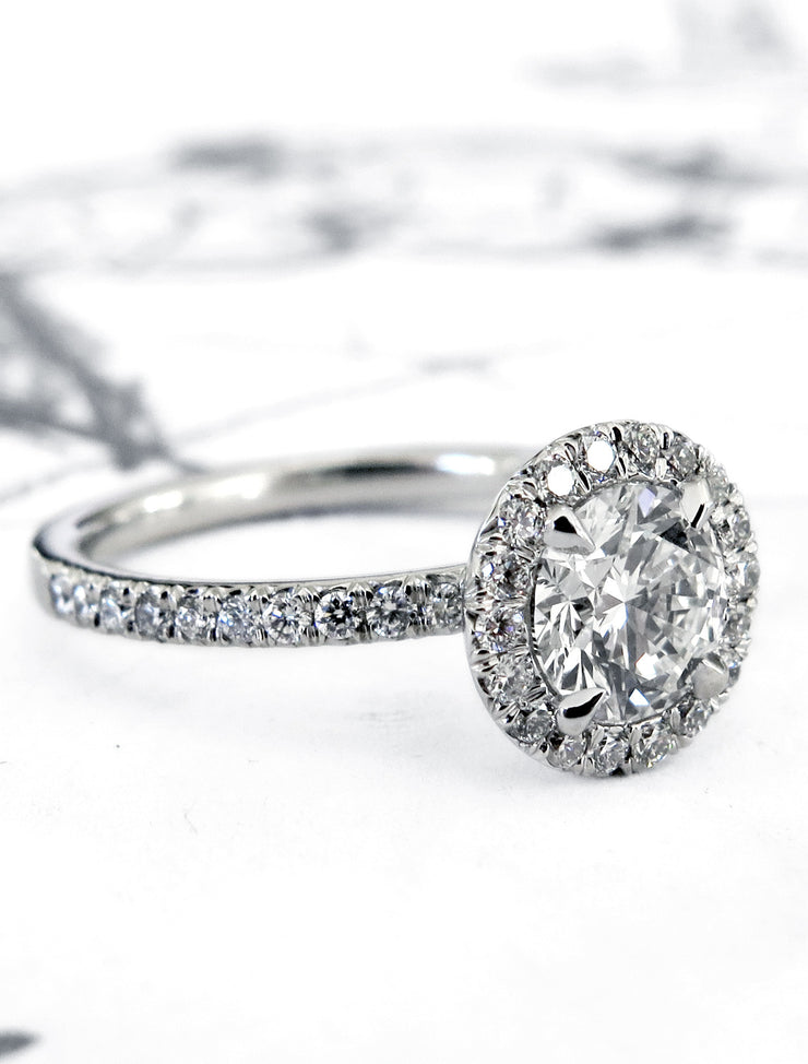 The perfect diamond & platinum halo custom designed in nyc - Primrose Side Profile