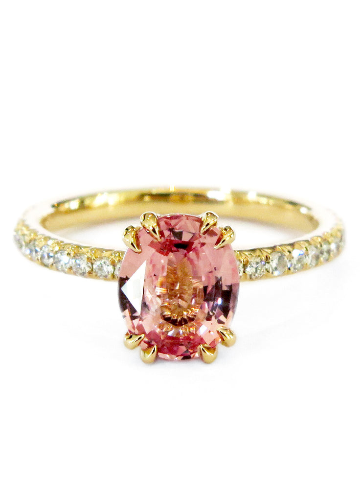 Priya Padparadscha Sapphire Engagement Ring in Yellow Gold with Delicate Micro-Pavé Diamonds by Dana Walden Bridal, NYC