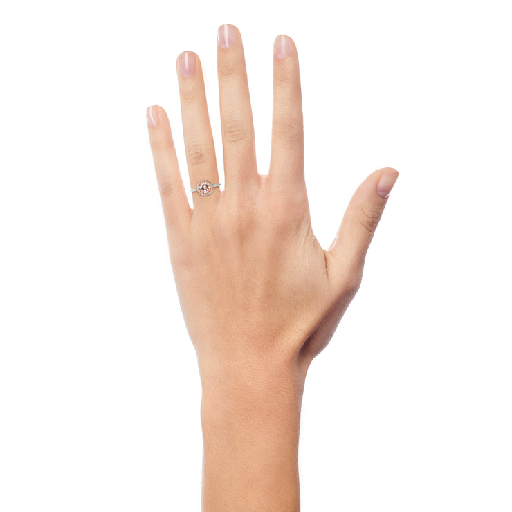 Sacha 1ct Morganite Mixed Metal Halo Engagement Ring shown on the hand