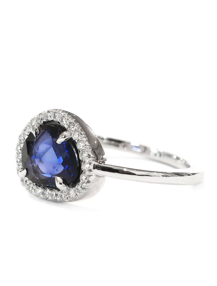 Unique Rose Cut Natural Sapphire Engagement Ring with Natural Diamond Halo