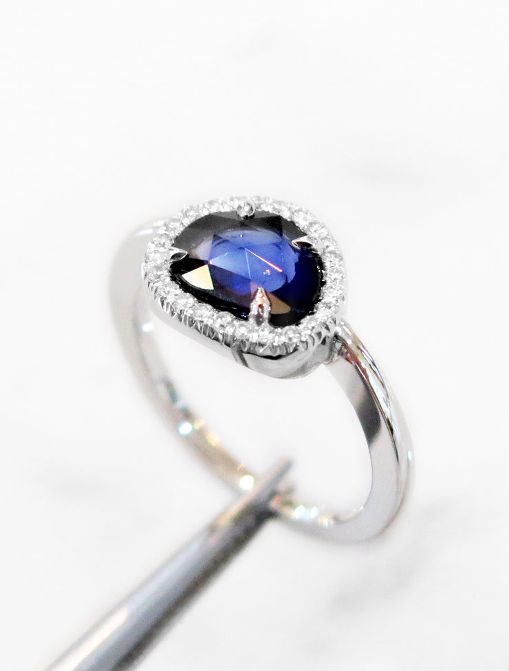 Side View Unique Rose Cut Natural Sapphire Engagement Ring with Natural Diamond Halo