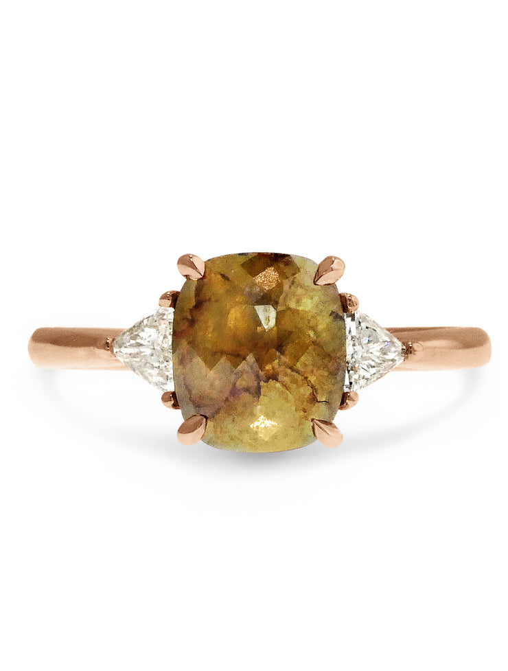 Unique 1.21 Carat Rustic Yellow Diamond Engagement Ring in Rose Gold with Trillion Diamonds 