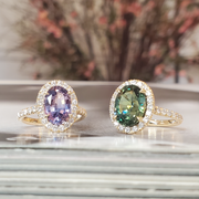 Purple sapphire adn green sapphire halo engagement rings by Dana Walden Bridal.