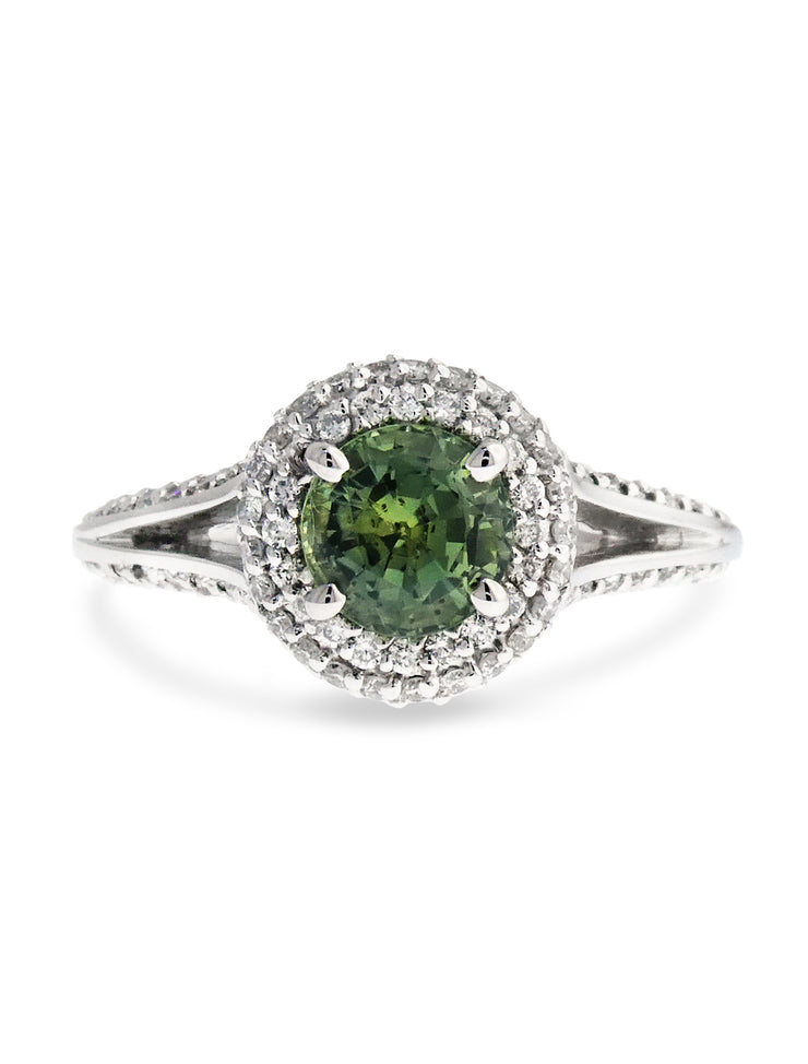 green sapphire engagement ring with a double halo and split shank, designed by dana walden bridal