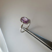 Purple Sapphire Halo Engagement Ring in White Gold - NYC - Shown with Tweezers