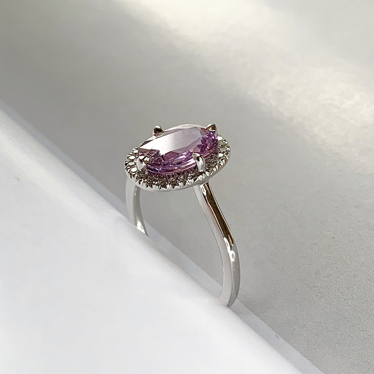 Purple Sapphire Halo Engagement Ring in White Gold - Side View