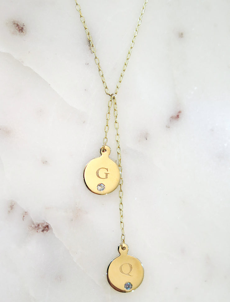 Customizable Initial & Birthstone Necklace Lariat in Yellow Gold