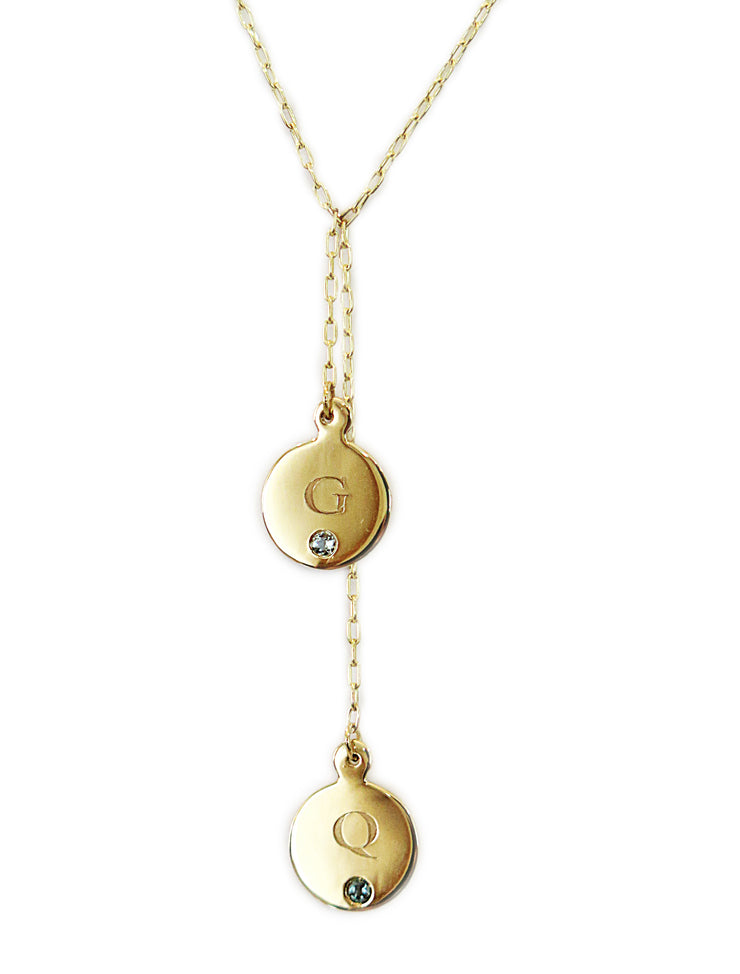 Custom Initial & Birthstone Necklace Lariat Yellow Gold 