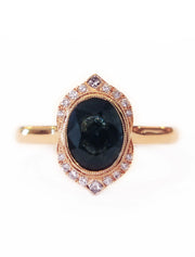 Tillary Green Blue Sapphire Halo Engagement Ring in 18k Rose Gold by Dana Walden Bridal in NYC