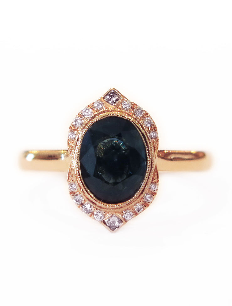 Tillary Green Blue Sapphire Halo Engagement Ring in 18k Rose Gold by Dana Walden Bridal in NYC